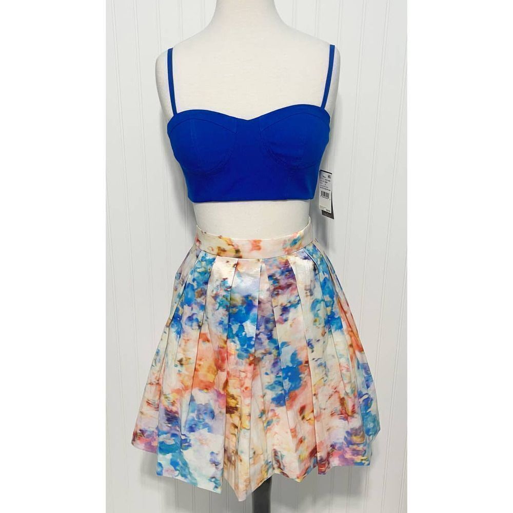 Aqua Bustier Crop‎ Top Pleated Skirt Cutout Mini Dress Marble Print Blue White 6